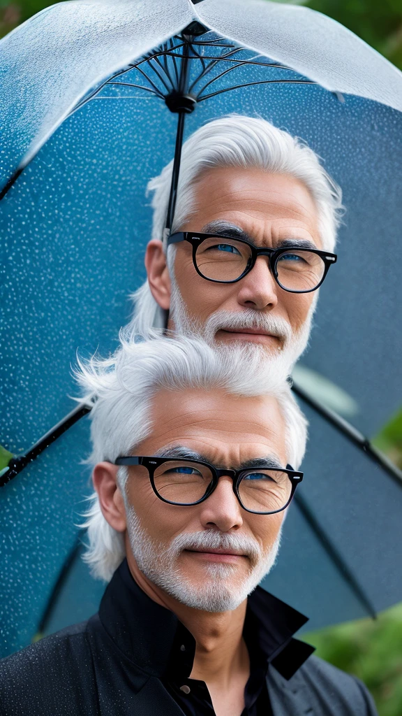 a handsome and sexy man with blue eyes, flowing white hair, round glasses with black bottoms, named "GOJO SATORU" is standing in the falling rainwater while holding an umbrella, with the effect of . 8k realistic HDR and a collection of bright blue butterflies.