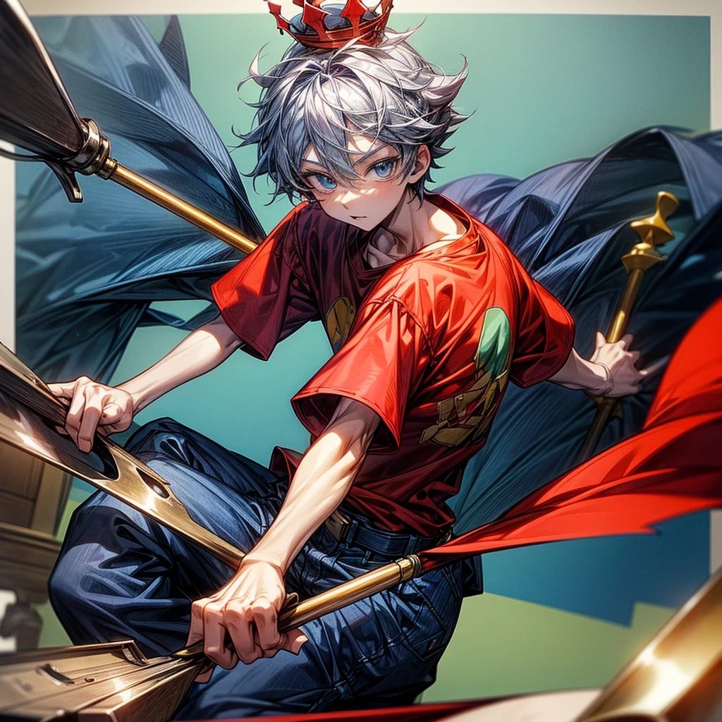 Create a boy, a 10 year old who has a crown of letters of one on his head, a red shirt with a cat on the print, blue jeans and a construction shovel on his waist