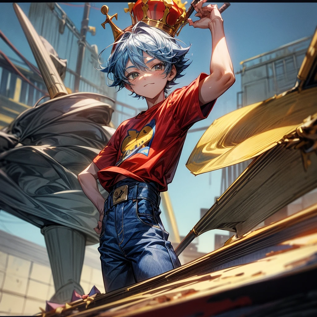 Create a boy, a 10 year old  who has a crown of letters of one on his head, a red shirt with a cat on the print, blue jeans and a construction shovel on his waist