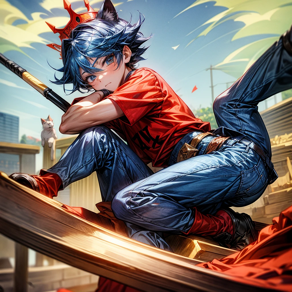 Create a boy, a 10 year old who has a crown of letters of one on his head, a red shirt with a cat on the print, blue jeans and a construction shovel on his waist