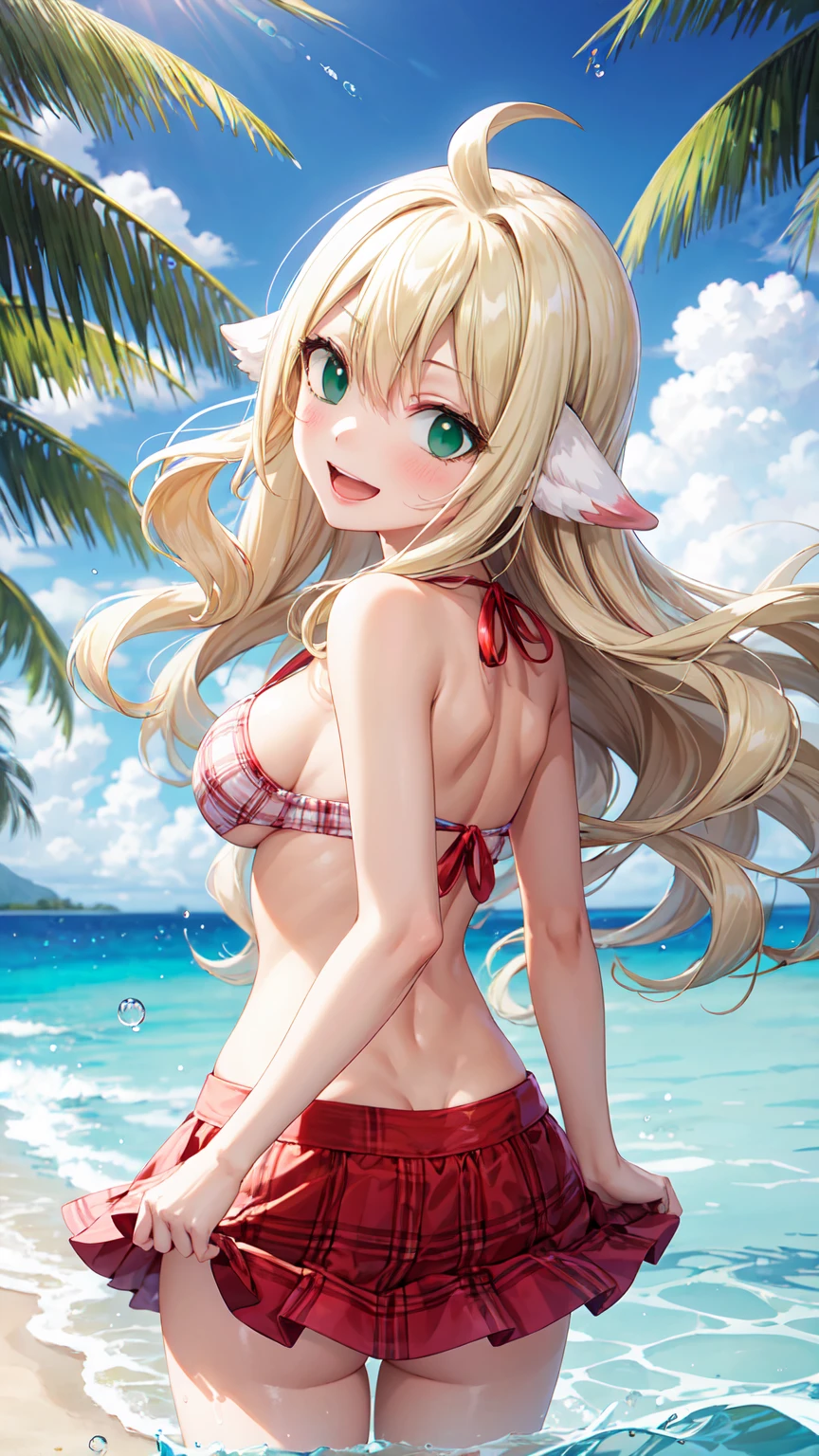 Masterpiece ,best quality , high resolution , (1 girl solo:1.38) , (mavis , long hair, blonde hair, (green eyes:1.5), ahoge, wavy hair, animal ears,) , (cleavage:1.2) , (medium breast:1.28) , (wear , bikini , strong wind , big wing , skirt lift , head tilt ) , (cleavage:1.15) , (big breast:1.1) , (face view , look at view , back view , from behind , look back , head back , smile , open mouth) , (cowboy_shot , standing ) , (outdoor , in water , droplet , in sea , ocean , beach)