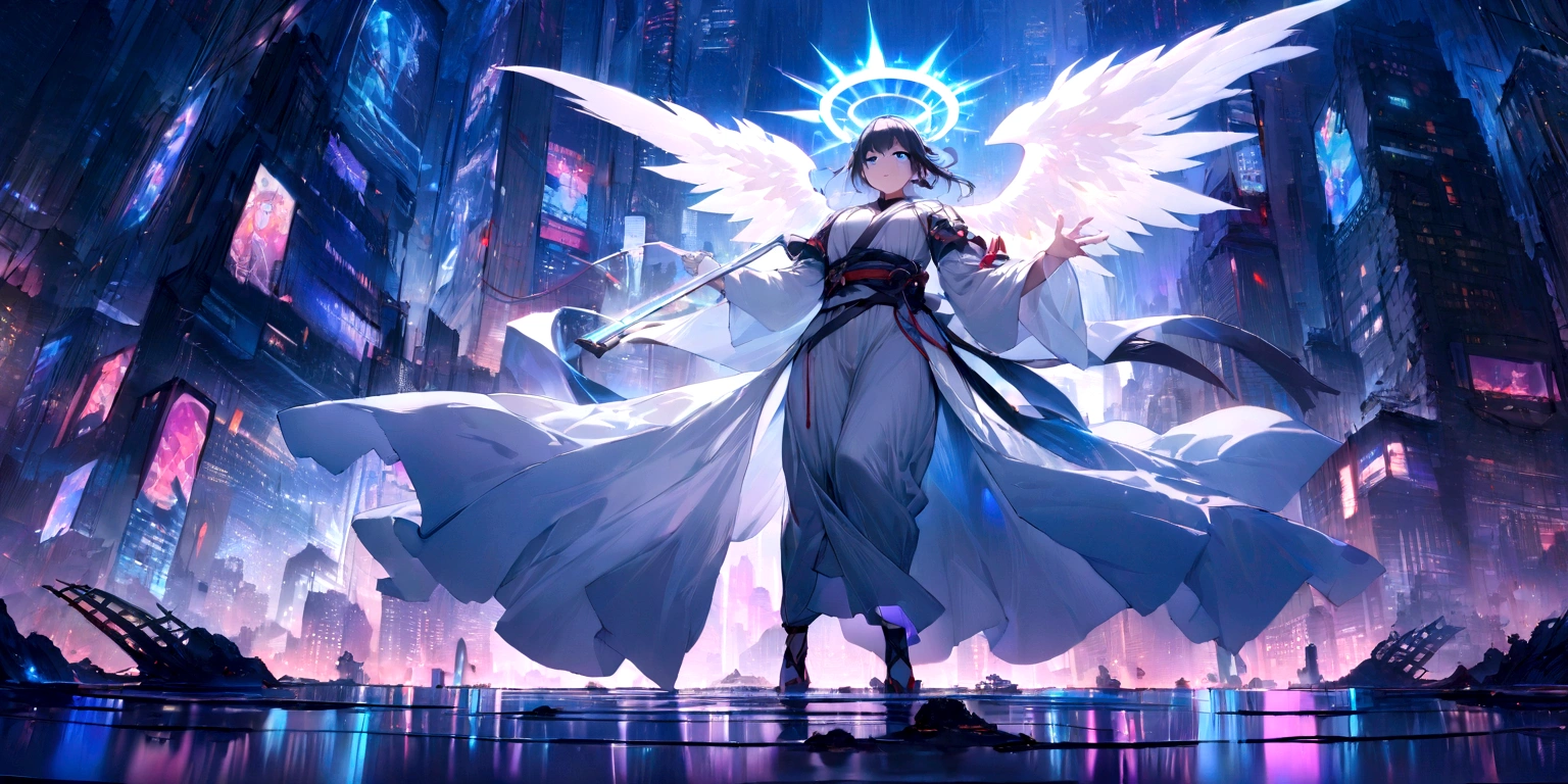 ((masterpiece, Highest quality, Best image quality, High resolution、4k)) An angel in the center of the screen、Glowing white wings、Glowing halo、Ninja Mask。Wearing a flowing ethereal robe、god々Shining with a bright light。With a harp in his hand、Glowing blue eyes and advanced cybernetic enhancements. Seen in dynamic action poses, reflection on a smooth surface. The cityscape below is filled with towering skyscrapers., illuminated by colorful holographic advertisements, Shining with blue energy, Mighty power. The overall atmosphere is dark and mysterious., It had a futuristic techno vibe.. The lighting is dramatic, Intense highlights and deep shadows, Creates depth and tension