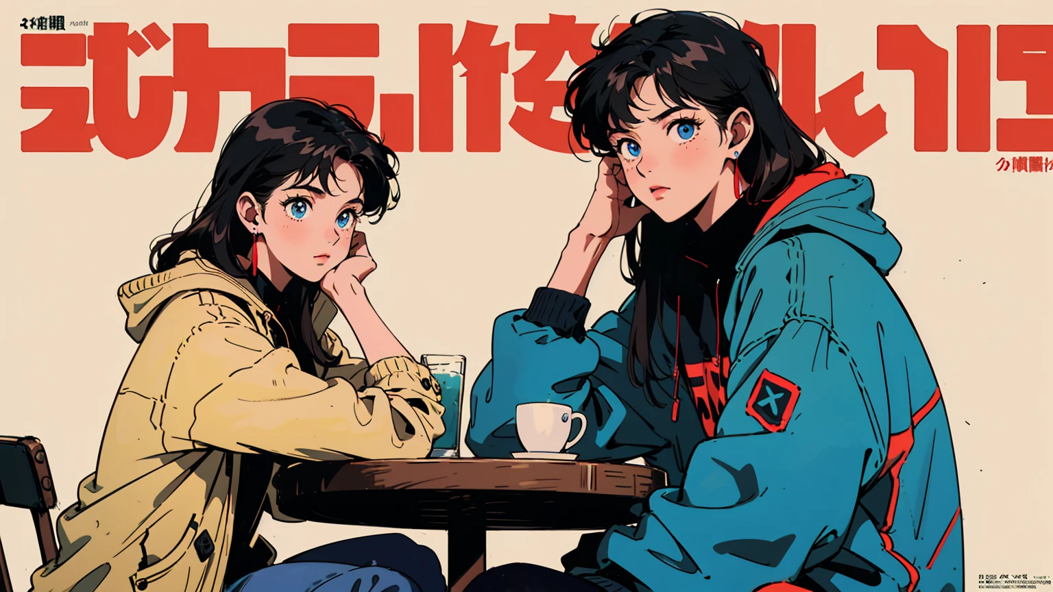 Best image quality, 90s style anime, 21 year old girl, Black Hair, Long Hair, Light brown eyes, Wearing a loose parka, 90s fashion, White Background, (Magazine Cover), In a trendy urban café, a 17-year-old girl dressed in casual jeans and a simple top is wearing headphones, focused on the notebook spread out on the table. Her black hair and striking blue eyes stand out, as the bright natural light from the café envelops her