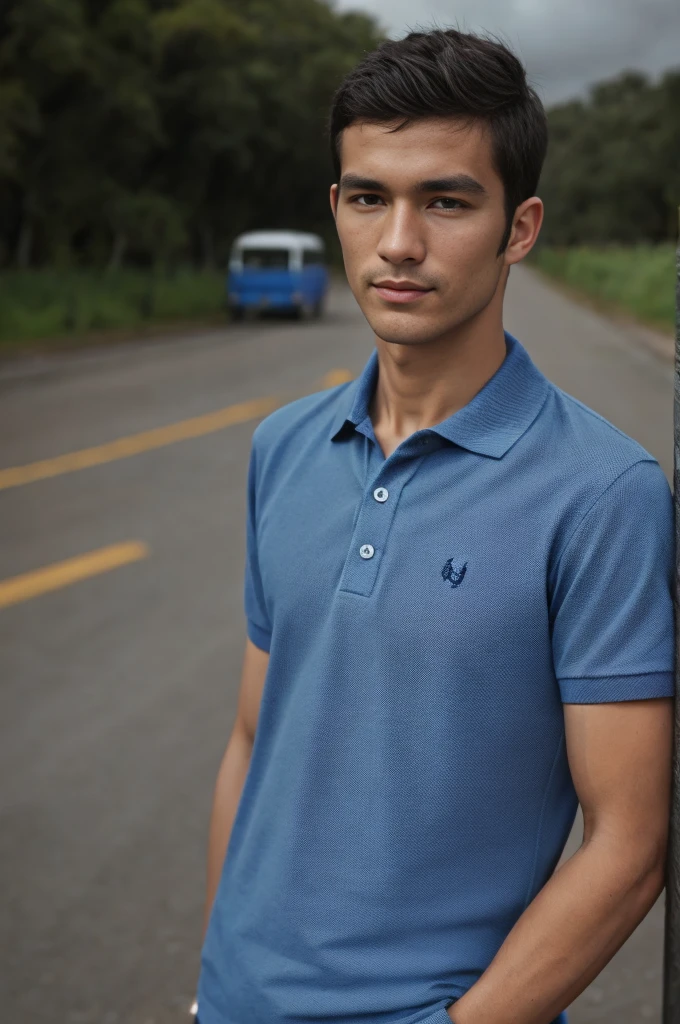 Young man in a blue polo shirt Standing on the roadside with a serious expression, looking into the distance Turn your head slightly.,cloudy day smile