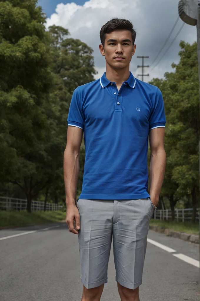 Young man in a blue polo shirt Standing on the roadside with a serious expression, looking into the distance Turn your head slightly.，cloudy day smile