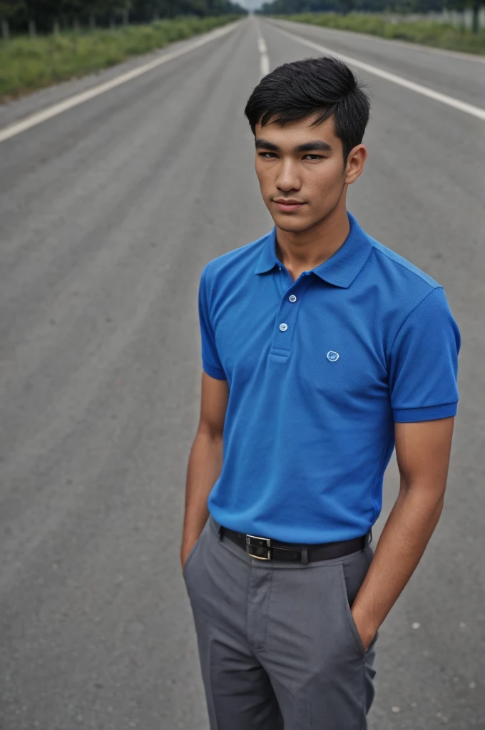 Young man in a blue polo shirt Standing on the roadside with a serious expression, looking into the distance Turn your head slightly.,cloudy day smile