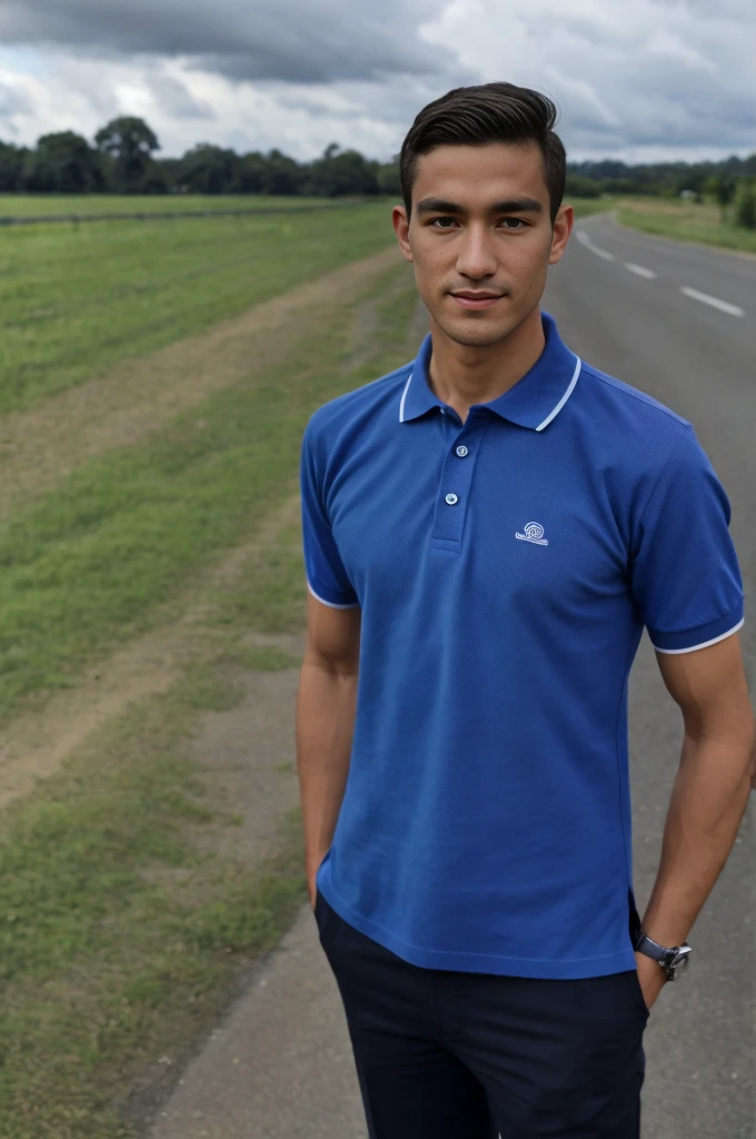 Young man in a blue polo shirt Standing on the roadside with a serious expression, looking into the distance Turn your head slightly.,cloudy day smile
