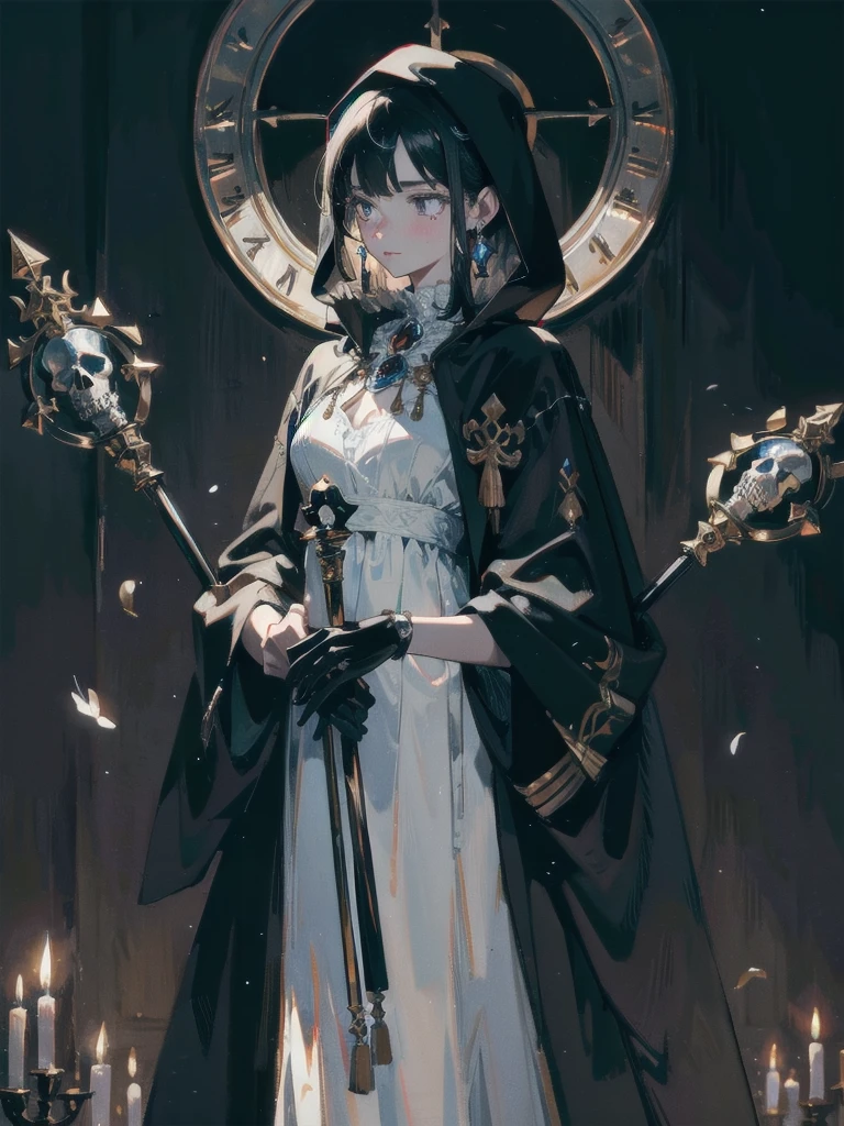 absurdres, RAW photo, extremely delicate and beautiful, masterpiece, Best Quality, ultra high resolution, 32k, hyperrealistic, ultra-detailed, in her 20s, delicate facial features, tearful mole, earring, medium breasts, full body shot, shorter middle hair, black hair, Necromancer, large black hooded cloak, Gray Torn Mage Robe, Skeleton ornaments, Holding skull scepter in hand,