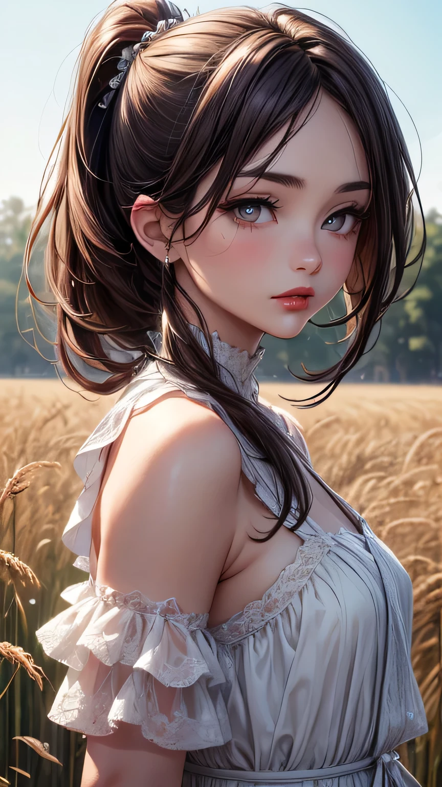 (masterpiece:1.4),, (Highest quality:1.4),, Ultra-high resolution,, 8K, CG,, (Very delicate and beautiful:1.2),, (Very delicate and beautiful顔),(Beautiful eyes in every detail),, Upper Body,, From the side,, View your viewers,, , One girl,, alone,, Fashionable Girl,, , cute, sweet,, , In the wheat field,, Blurred Background,, , Long brown hair,, ponytail,, , Brown eyes,, Mouth closed,, Red lips,, , Face blown by the wind,, , White Dress,, Medium chest,