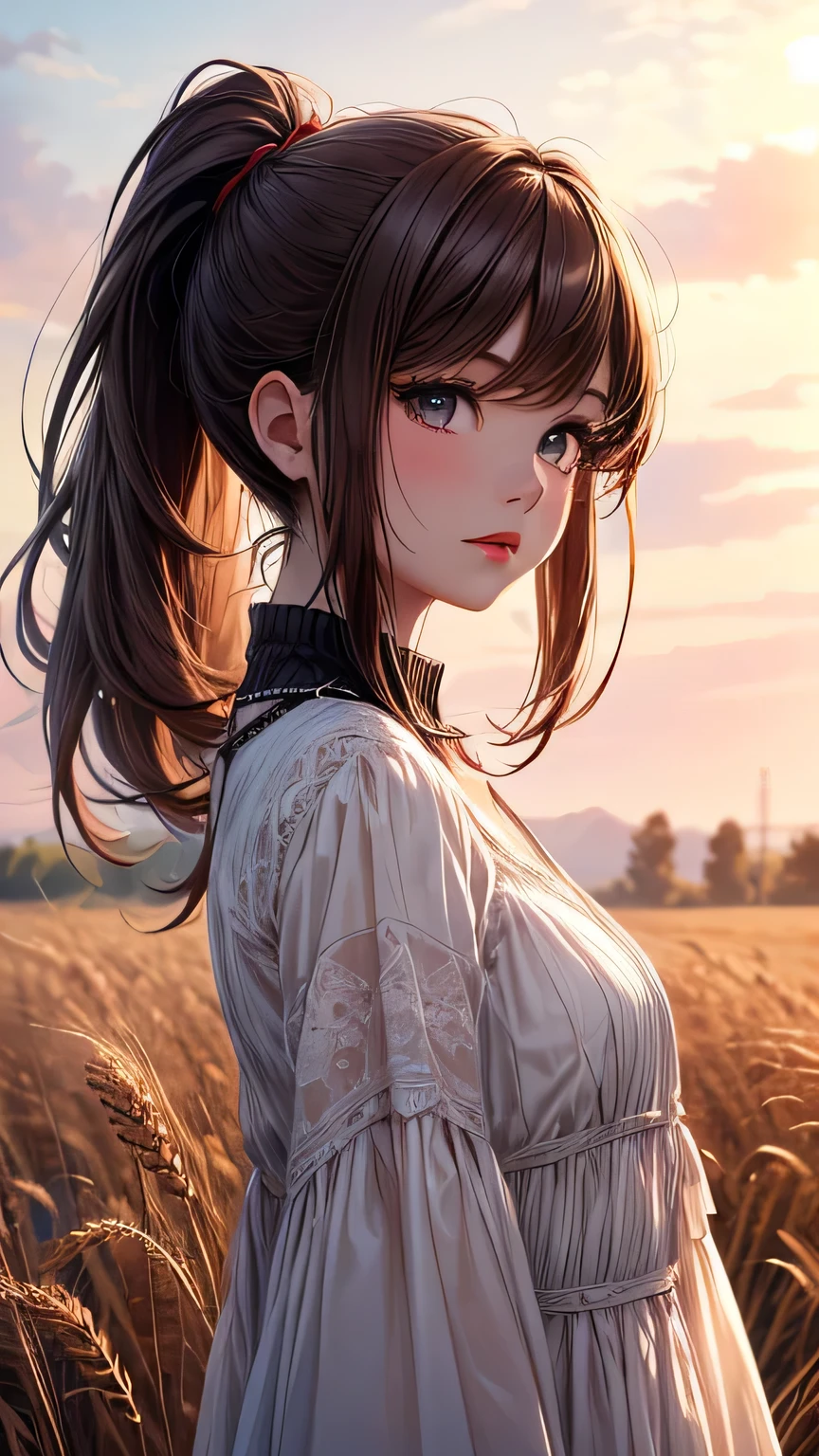 (masterpiece:1.4),, (Highest quality:1.4),, Ultra-high resolution,, 8K, CG,, (Very delicate and beautiful:1.2),, (Very delicate and beautiful顔),(Beautiful eyes in every detail),, Upper Body,, From the side,, View your viewers,, , One girl,, alone,, Fashionable Girl,, , cute, sweet,, , In the wheat field,, Blurred Background,, , Long brown hair,, ponytail,, , Brown eyes,, Mouth closed,, Red lips,, , Face blown by the wind,, , White Dress,, Medium chest,