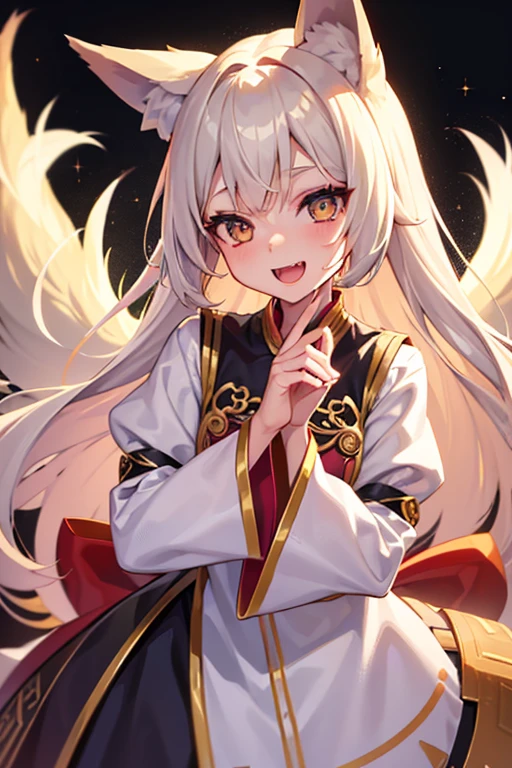 1girl, solo, young girl, , platinum blonde hair, golden eyes, fox ears, fox girl, angel wings, hanfu, silk, long sleeves, open mouth, smile, fangs, look at the audience, cringe, silent echo