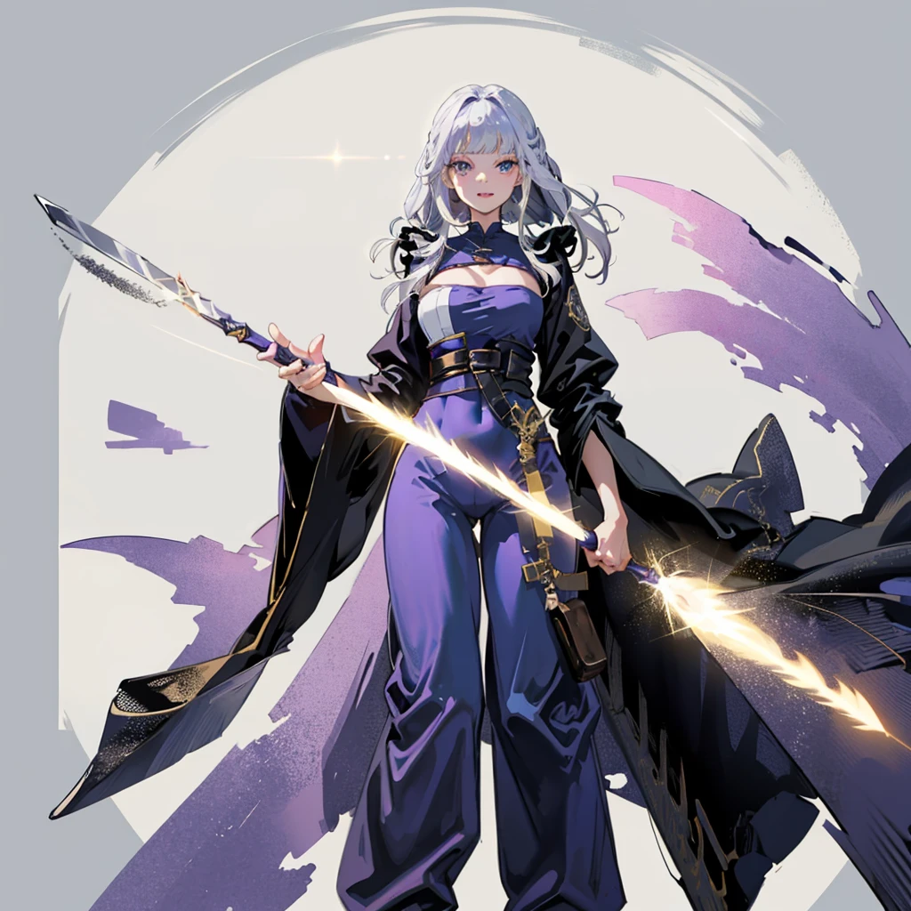 (absurderes、hight resolution、Ultra-detail)、​masterpiece、top-quality、Girl with a scythe、solo、Silver hair、long straight hair and bangs, straight cutted bangs and hairstyle, gray Silver hair, heterochromia eyes, different colored eyes, left eye is purple, right eye is red, long silk haired、red and purple different colored  eyes、 eye and detailed face、((Joggers、sweat pant、sandal))、Sickle design、Complex scythe、Fantasy scythe、evil smile、Dramatic skies、Isolated land、looking-down、spark of light、whirlpool、Um ser celestial、Full of elements
Indigo ,Silver, Silver violet, Silver green clothing palette