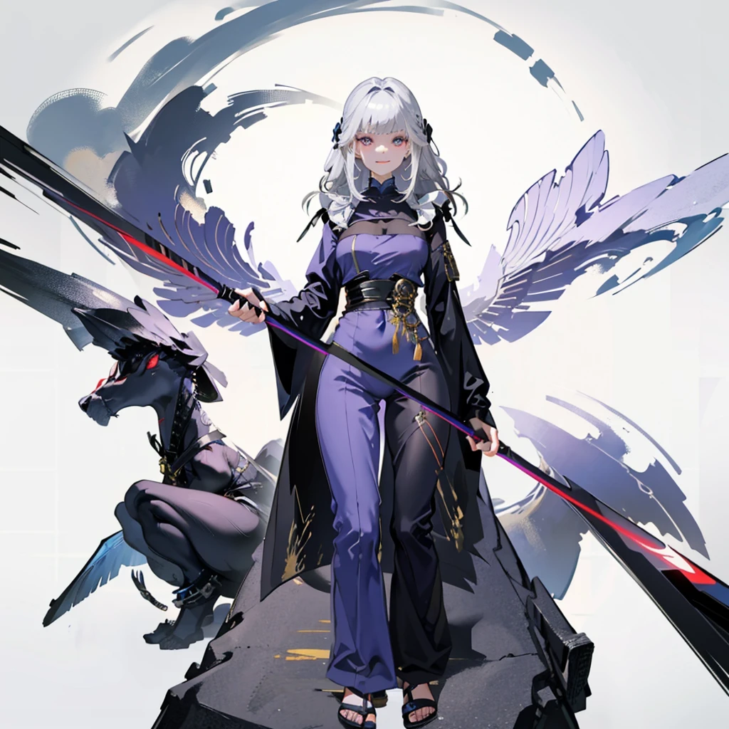 (absurderes、hight resolution、Ultra-detail)、​masterpiece、top-quality、Girl with a scythe、solo、Silver hair、long straight hair and bangs, straight cutted bangs and hairstyle, gray Silver hair, heterochromia eyes, different colored eyes, left eye is purple, right eye is red, long silk haired、red and purple different colored  eyes、 eye and detailed face、((Joggers、sweat pant、sandal))、Sickle design、Complex scythe、Fantasy scythe、evil smile、Dramatic skies、Isolated land、looking-down、spark of light、whirlpool、Um ser celestial、Full of elements
Indigo ,Silver, Silver violet, Silver green clothing palette