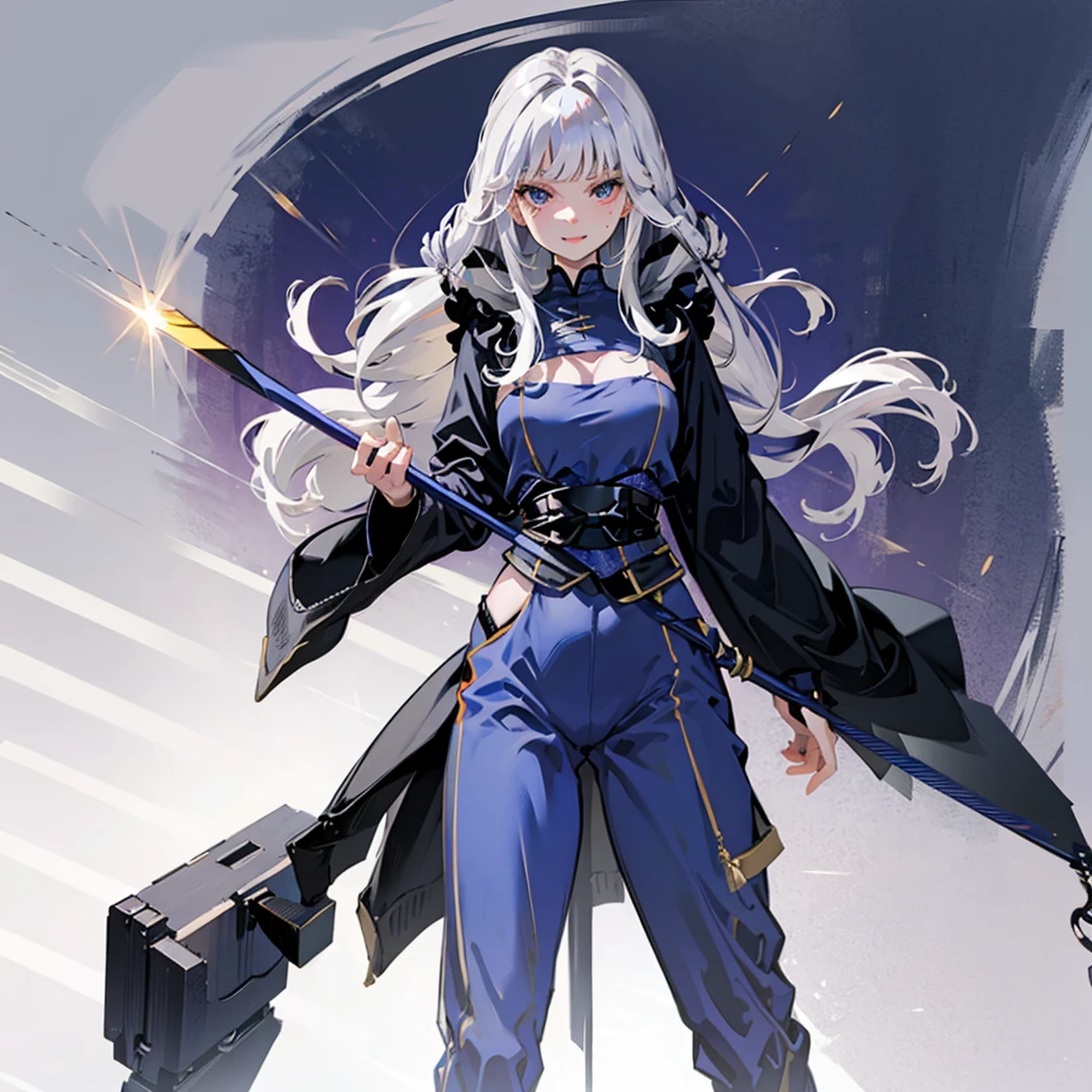 (absurderes、hight resolution、Ultra-detail)、​masterpiece、top-quality、Girl with a scythe、solo、Silver hair、long straight hair and bangs, straight cutted bangs and hairstyle, gray Silver hair, heterochromia eyes, different colored eyes, left eye is purple, right eye is red, long silk haired、red and purple different colored  eyes、 eye and detailed face、((Joggers、sweat pant、sandal))、Sickle design、Complex scythe、Fantasy scythe、evil smile、Dramatic skies、Isolated land、looking-down、spark of light、whirlpool、Um ser celestial、Full of elements
Indigo ,Silver, Silver violet, Silver green clothing palette