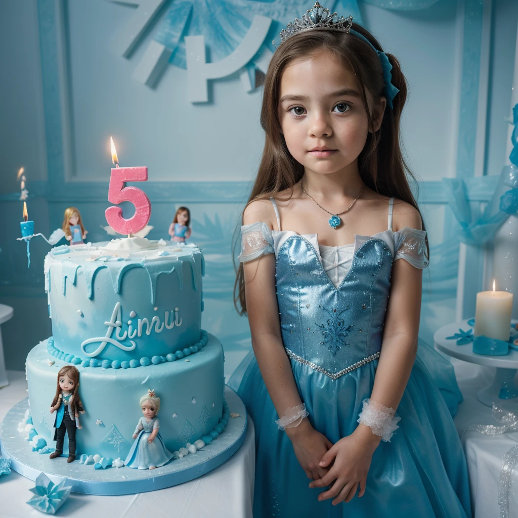 real potrait, full body, long shot, a 5 year old with long hair wearing frozen princess style clothes, was standing in front of a birthday cake, there is a candle in the shape of the number 5, There's writing "alma" , Room decoration with a Frozen movie feel