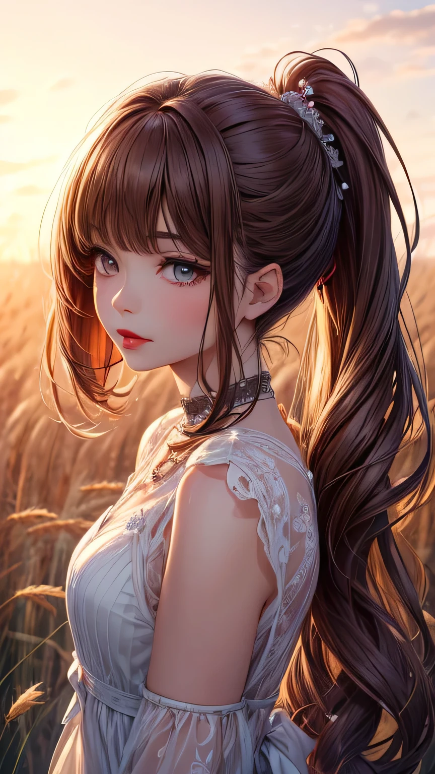 (masterpiece:1.4),, (Highest quality:1.4),, Ultra-high resolution,, 8K, CG,, (Very delicate and beautiful:1.2),, (Very delicate and beautiful顔),(Beautiful eyes in every detail),, Upper Body,, From the side,, View your viewers,, , One girl,, alone,, Fashionable Girl,, , cute, sweet,, , In the wheat field,, Blurred Background,, , Long brown hair,, ponytail,, , Brown eyes,, Mouth closed,, Red lips,, , Face blown by the wind,, , White Dress,, Medium ?????,