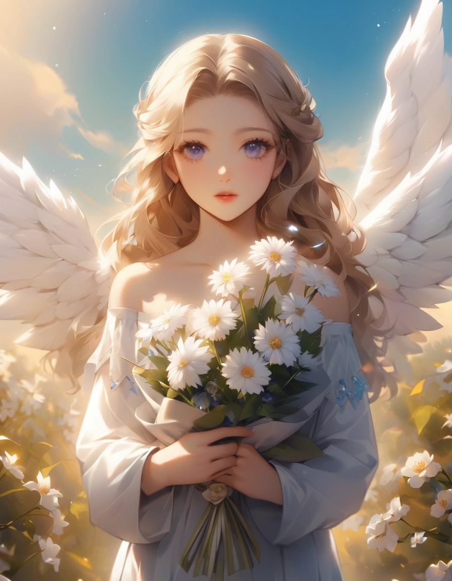 Close-up of a woman holding a bouquet, Beautiful angel, of an beautiful Angelic少女, Beautiful woman angel, portrait of a Beautiful angel, beautiful Angelic少女 portrait, of Beautiful angel, Angelic少女, Marie Angel, Angelic, Angelical, Angelic羽を持つ少女, Winged girl angel, Angelic絵がいっぱい, Beautiful digital art, Angel themed