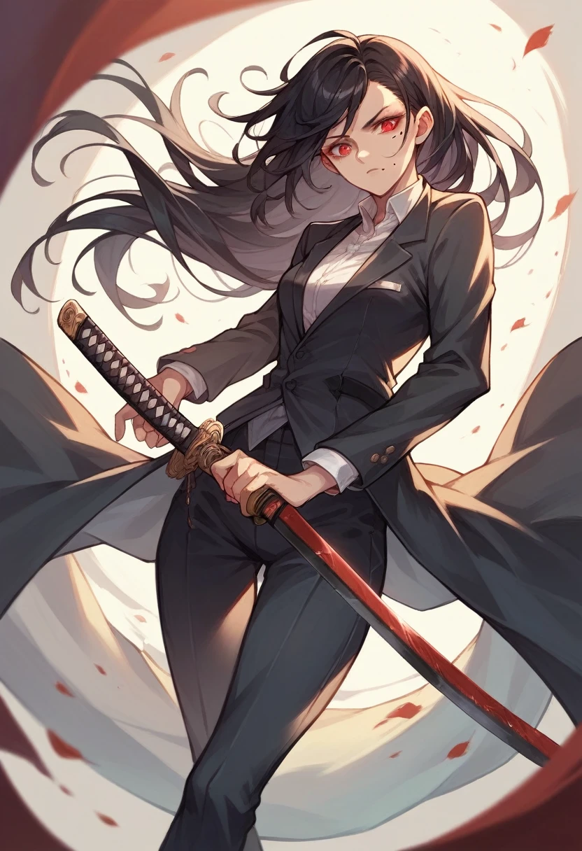 female assassin with long black hair,red eyes,There is a mole at the corner of the mouth.,Holding a katana sword,Wear a suit.