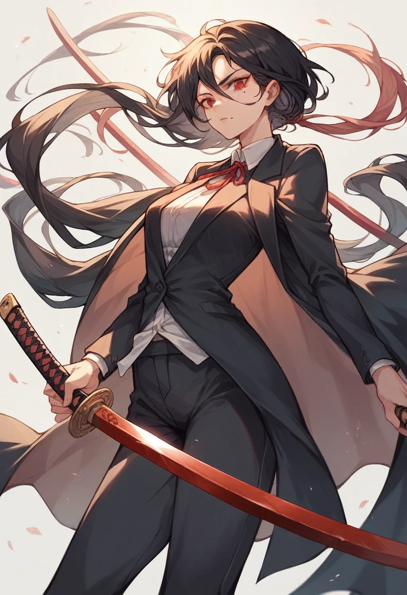 female assassin with long black hair,red eyes,There is a mole at the corner of the mouth.,Holding a katana sword,Wear a suit.