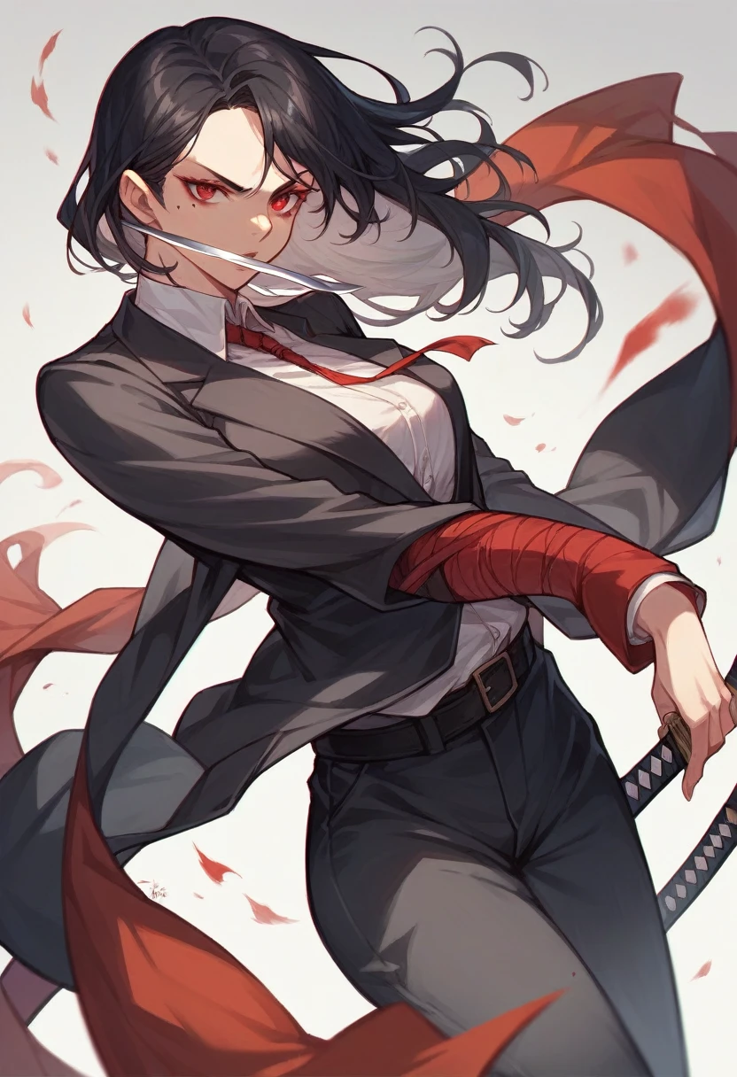 female assassin with long black hair,red eyes,There is a mole at the corner of the mouth.,Holding a katana sword,Wear a suit.