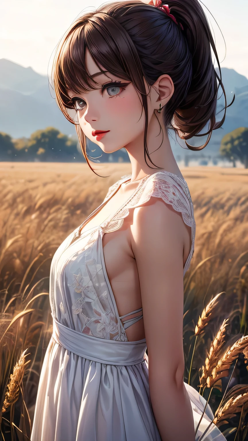 (masterpiece:1.4),, (Highest quality:1.4),, Ultra-high resolution,, 8K, CG,, (Very delicate and beautiful:1.2),, (Very delicate and beautiful顔),(Beautiful eyes in every detail),, Upper Body,, From the side,, View your viewers,, , One girl,, alone,, Fashionable Girl,, , cute, sweet,, , In the wheat field,, Blurred Background,, , Long brown hair,, ponytail,, , Brown eyes,, Mouth closed,, Red lips,, , Face blown by the wind,, , White Dress,, Medium chest,