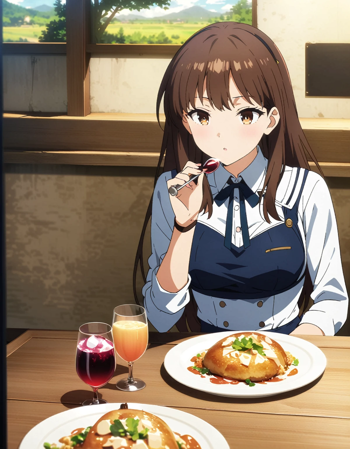 (超detailedなイラスト:1.2),Very delicate and beautiful,非常にdetailed,CG,Unity,8k wallpaper,wonderful,detailed,masterpiece,The best quality in the best condition,Official Art,非常にdetailed CG 8k Unbelievably ridiculous resolution,Beautiful and exquisite,High resolution,非常にdetailedな目と顔,anime girl sitting at a table with a plate of food and a glass of wine, ( waitress ) girl, honest, I also make fan art, shinkai honest, beautiful anime high school girl, tsubasa nakai's style, attractive anime girl, honest shinka, seductive anime girl, Anime Moe Art Style, anime girl drinks energy drink, anime best girl