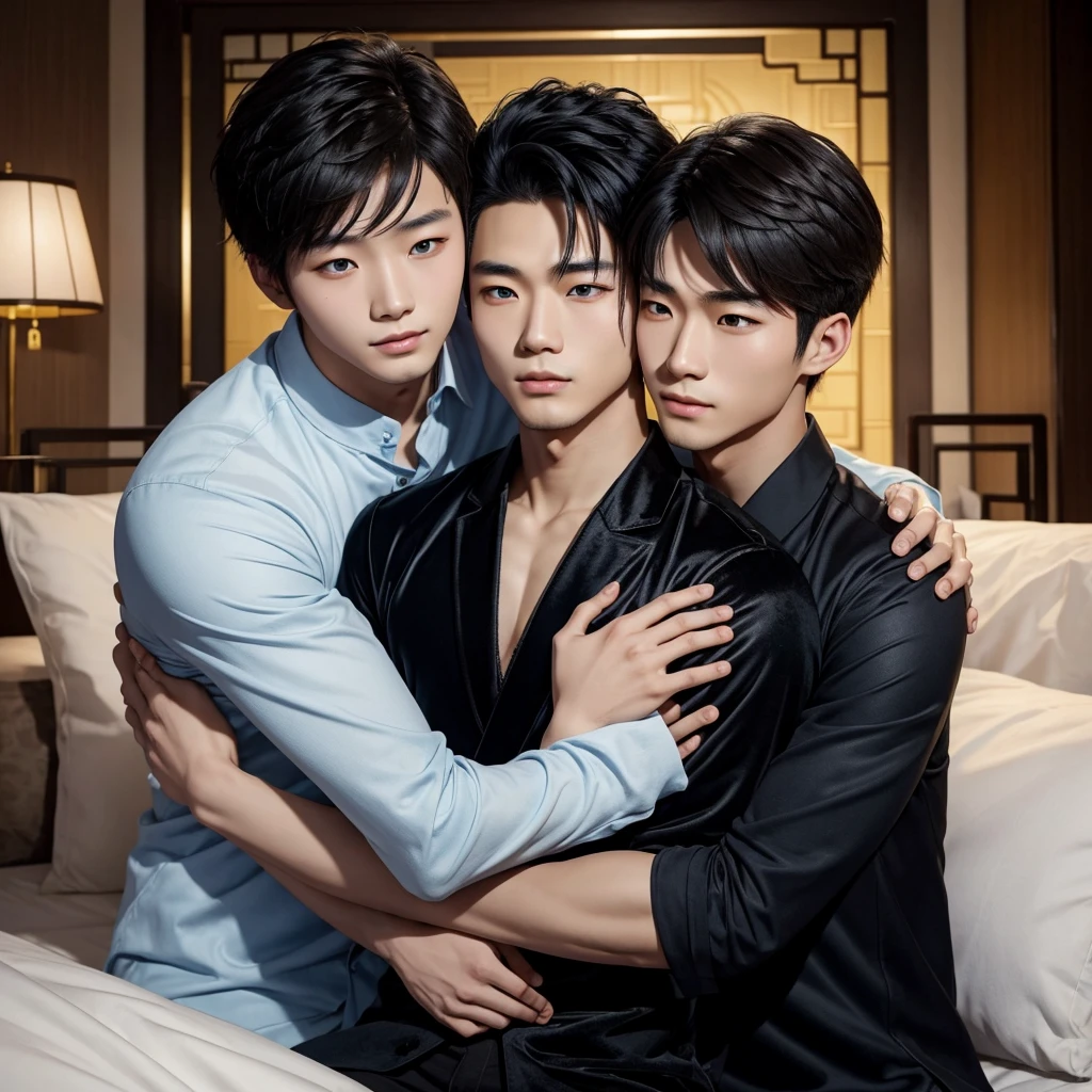 A Chinese young adult man with black hair and brown eyes being hugged by a Chinese young man with blond hair and blue eyes in a big black velvet bed 