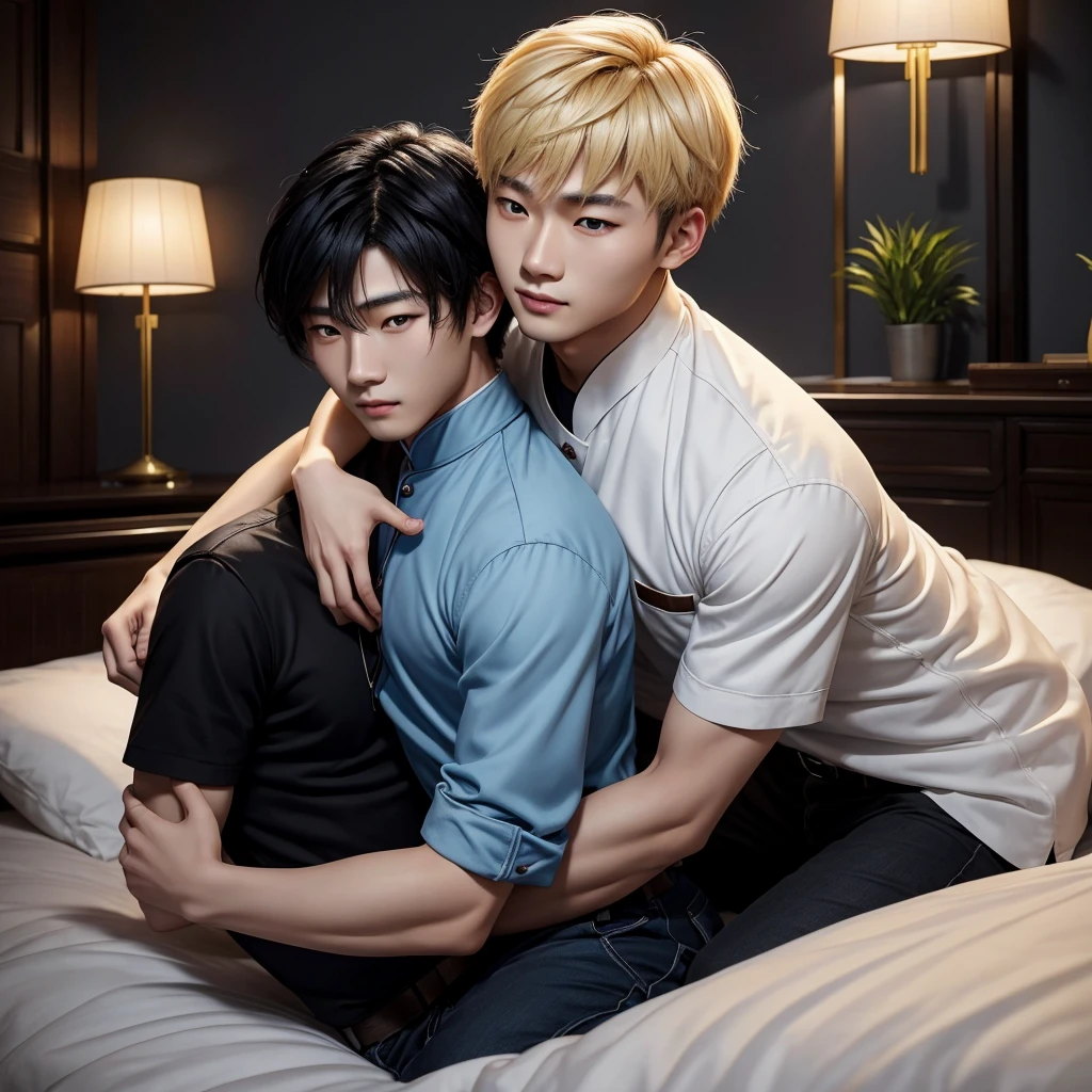 A Chinese young adult man with black hair and brown eyes being hugged by a Chinese young man with blond hair and blue eyes in a big black velvet bed 