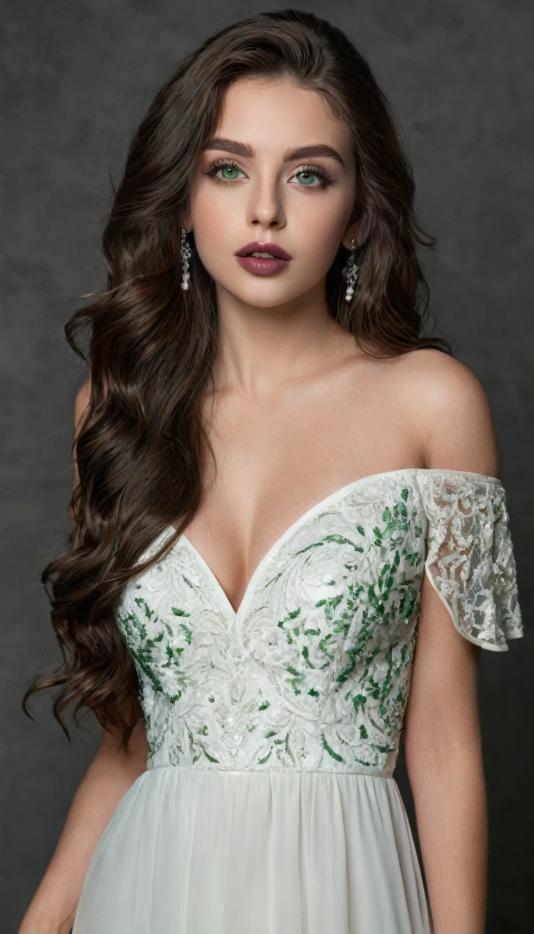 Odalys Steeve, 23 years old, fair skin, long waving hair dark brown, beautiful detailed eyes dark green iris, beautiful detailed lips, firm bust, extremely detailed eyes and face, long eyelashes, wearing simple white long dress, standing, full-body shot, high res, real photo
