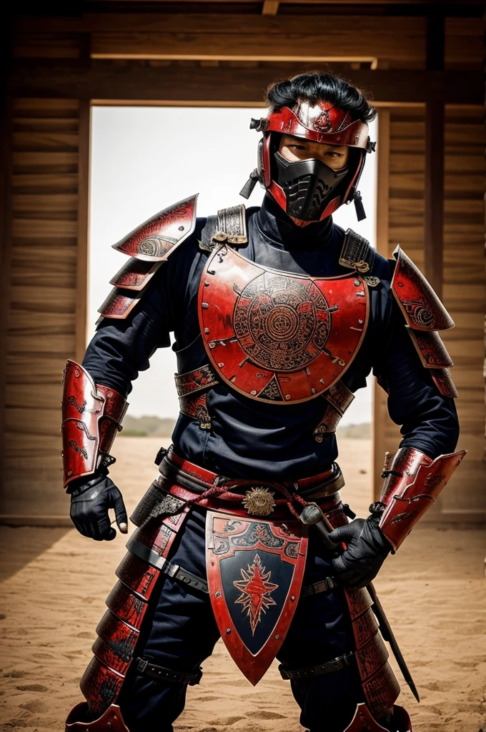 Best sunrise warrior dispute is very big and different pattern in suit this man fully covered by armour are more colour is red samurai handing to charge this body different patterns made in