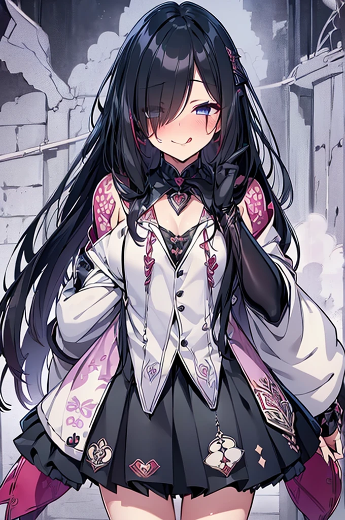 (((Characteristic clothing))),(((high quality))),Unshaven,(((((Pubic hair heart pattern))))), Cloudy eyes,Anime Style,Long Tongue,Sticking out tongue,Obscene lines,Fatty face,Fallen into evil,Sexual,clumsy smile,((Unshavenの髪)),((((Long hair that covers the eyes)))),transformation,Blindfold