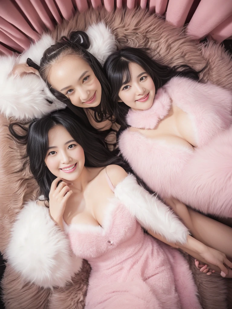 fluffyの毛皮。fluffy。((gorgeous))(smile)(((Pair of women、Pink feminine room、Harem、Beautiful black hair)))。((dress、Fluffy carpet))。Arms outstretched、Armpits。Photos of women wearing fur coats。Brown fur cape。Fisheye Lenultiple women。Black leather bondage))