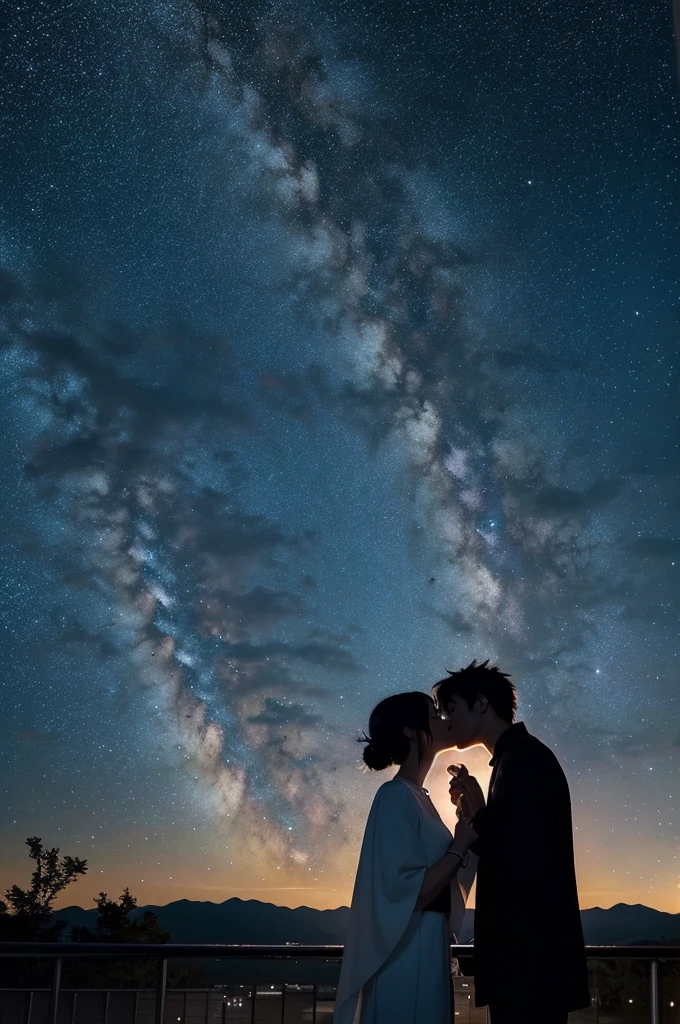 Anime couple kissing under the stars, Space Sky. by Makoto Shinkai, ( ( makoto shinkai ) ), Anime Sky, yourname, Guweiz and Makoto Shinkai, Makoto Shinkai Cyril Rolland, Anime movie background, makoto shinkai. —h 2160, Kimi No Na Wa