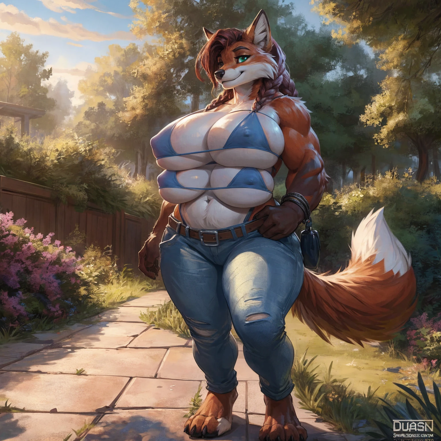 8K, ((masterpiece)), ((stunning artwork)), (carefully drawn), (highly detailed), uploaded to e621.net, solo, fox, female, short woman, shortstack, older woman, milf, curvy, thick, orange fur, white markings, dark red hair, long hair, braided hair, green eyes, perfect eyes, (four breasts:1.4), (quadboob:1.2), top breasts are larger, huge breasts, nipple outline, older woman, furry body, wide body, wide hips, thick thighs, big arms, (huge breasts:1.1), heavy breasts, nipple outline, highly detailed eyes, milf, tank top, bare midriff, cleavage, large areolae, blue jeans, lowrise jeans, bare midriff, visible thong straps, Masterpiece, best quality, absurd res, highly detailed, cleanly drawn eyes, park environment, cute smile, standing upright, casual posture, buff, barefoot, standing upright, digitgrade, four toes, by darkgem, by duase,
