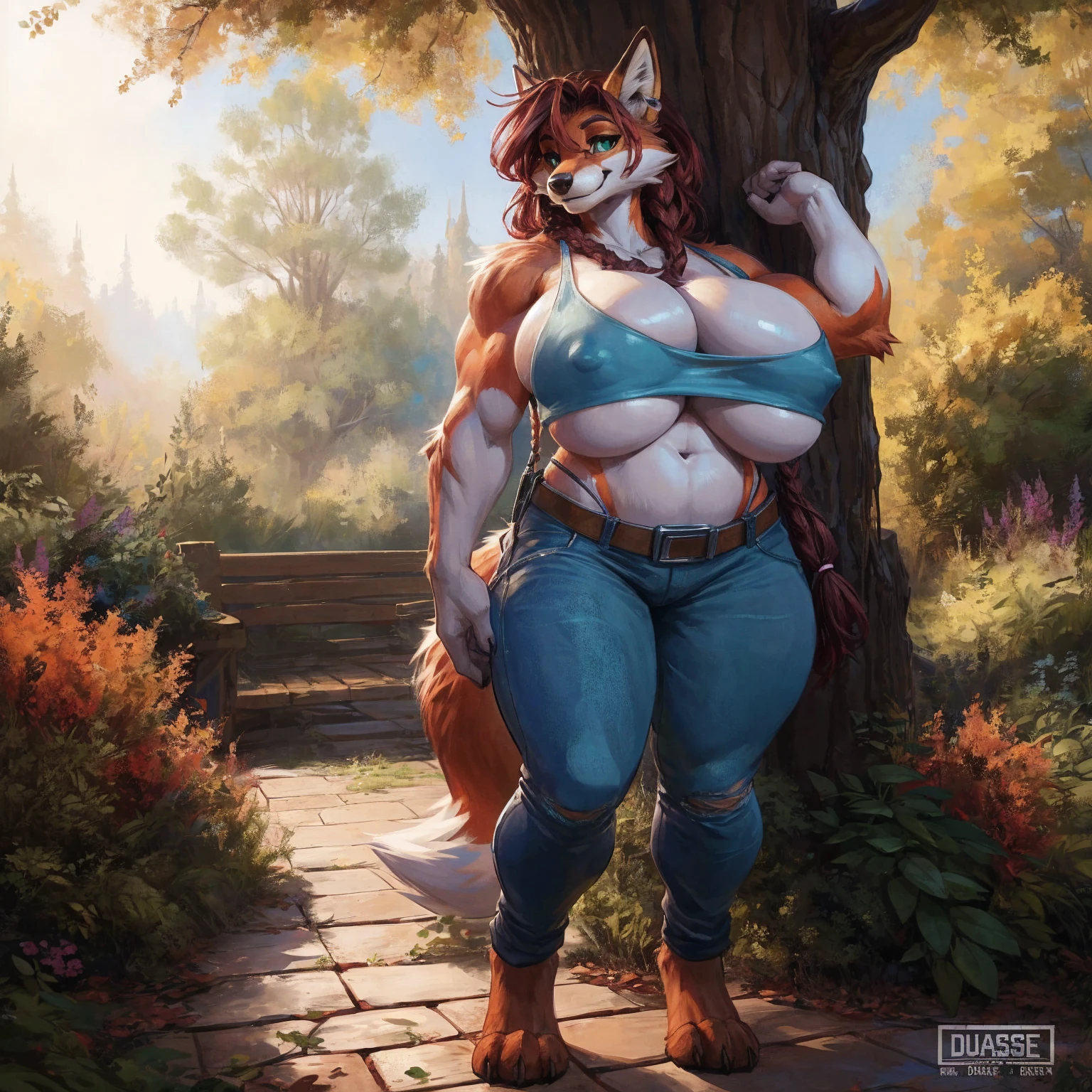 8K, ((masterpiece)), ((stunning artwork)), (carefully drawn), (highly detailed), uploaded to e621.net, solo, fox, female, short woman, shortstack, older woman, milf, curvy, thick, orange fur, white markings, dark red hair, long hair, braided hair, green eyes, perfect eyes, (four breasts:1.4), (quadboob:1.2), top breasts are larger, huge breasts, nipple outline, older woman, furry body, wide body, wide hips, thick thighs, big arms, (huge breasts:1.1), heavy breasts, nipple outline, highly detailed eyes, milf, tank top, bare midriff, cleavage, large areolae, blue jeans, lowrise jeans, bare midriff, visible thong straps, Masterpiece, best quality, absurd res, highly detailed, cleanly drawn eyes, park environment, cute smile, standing upright, casual posture, buff, barefoot, standing upright, digitgrade, four toes, by darkgem, by duase,