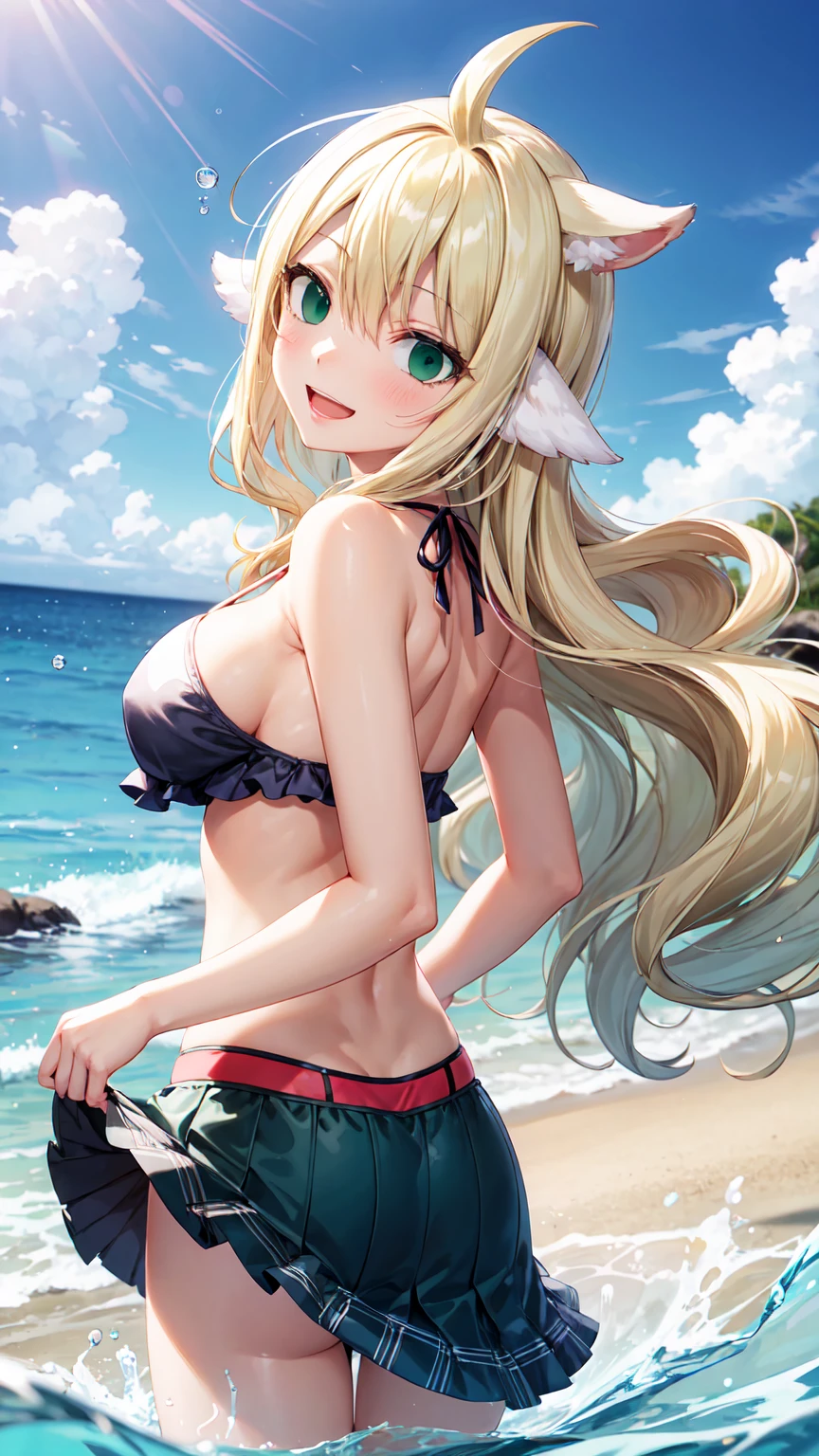 Masterpiece ,best quality , high resolution , (1 girl solo:1.38) , (mavis , long hair, blonde hair, (green eyes:1.5), ahoge, wavy hair, animal ears,) , (cleavage:1.2) , (medium breast:1.28) , (wear , bikini , strong wind , big wing , skirt lift , head tilt ) , (cleavage:1.15) , (big breast:1.1) , (face view , look at view , back view , from behind , look back , head back , smile , open mouth) , (cowboy_shot , standing ) , (outdoor , in water , droplet , in sea , ocean , beach)