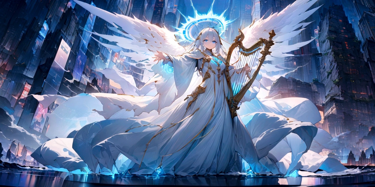 ((masterpiece, Highest quality, Best image quality, High resolution、４ｋ)) An angel in the center of the screen、Glowing white wings、Glowing halo、Cyberface。Wearing a flowing ethereal robe、god々Shining with a bright light。With a harp in his hand、Glowing blue eyes and advanced cybernetic enhancements. Seen in dynamic action poses, reflection on a smooth surface. The cityscape below is filled with towering skyscrapers., illuminated by colorful holographic advertisements, Shining with blue energy, Mighty power. The overall atmosphere is dark and mysterious., It had a futuristic techno vibe.. The lighting is dramatic, Intense highlights and deep shadows, Creates depth and tension