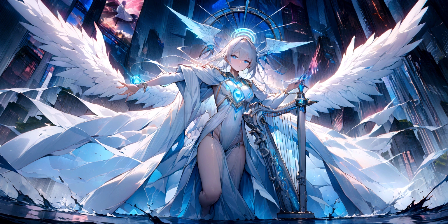 ((masterpiece, Highest quality, Best image quality, High resolution、4k)) An angel in the center of the screen、Glowing white wings、Glowing halo、Cyberface。Wearing a flowing ethereal robe、god々Shining with a bright light。With a harp in his hand、Glowing blue eyes and advanced cybernetic enhancements. Seen in dynamic action poses, reflection on a smooth surface. The cityscape below is filled with towering skyscrapers., illuminated by colorful holographic advertisements, Shining with blue energy, Mighty power. The overall atmosphere is dark and mysterious., It had a futuristic techno vibe.. The lighting is dramatic, Intense highlights and deep shadows, Creates depth and tension