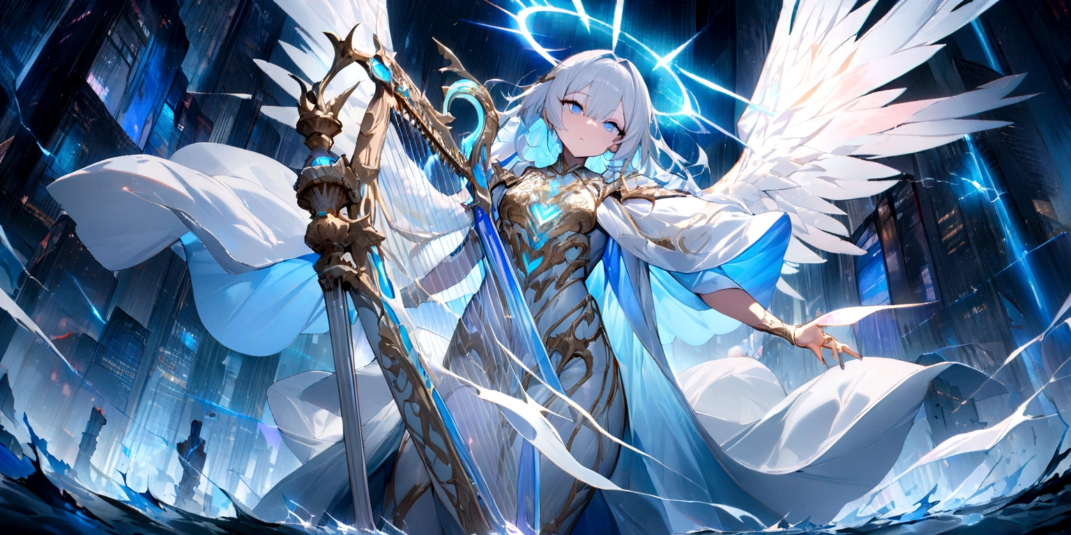 ((masterpiece, Highest quality, Best image quality, High resolution、4k)) An angel in the center of the screen、Glowing white wings、Glowing halo、Cyberface。Wearing a flowing ethereal robe、god々Shining with a bright light。With a harp in his hand、Glowing blue eyes and advanced cybernetic enhancements. Seen in dynamic action poses, reflection on a smooth surface. The cityscape below is filled with towering skyscrapers., illuminated by colorful holographic advertisements, Shining with blue energy, Mighty power. The overall atmosphere is dark and mysterious., It had a futuristic techno vibe.. The lighting is dramatic, Intense highlights and deep shadows, Creates depth and tension