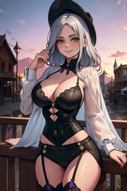 Perfect face, perfect hands. A young silver haired female cowboy with green eyes and an hourglass figure in a conservative and Gothic cowgirl outfit is leaning on the railing with a big smile in a wild west town