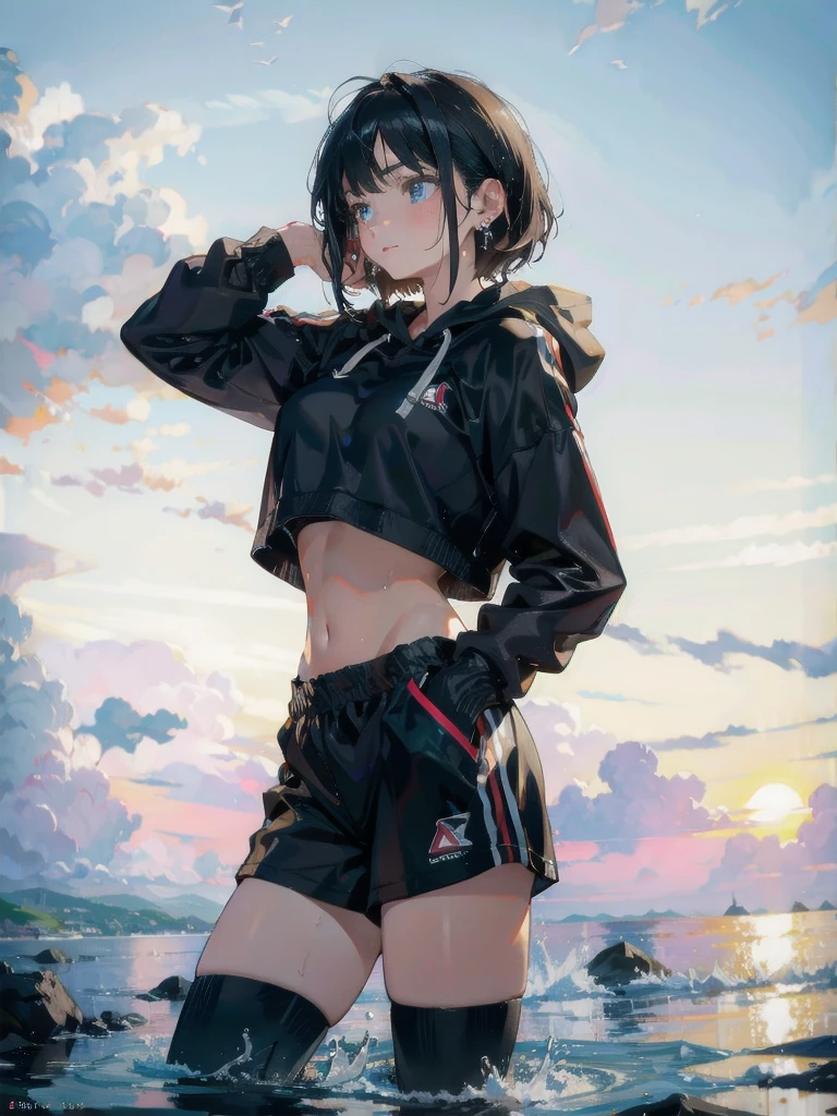 absurdres, RAW photo, extremely delicate and beautiful, masterpiece, Best Quality, ultra high resolution, 32k, hyperrealistic, ultra-detailed, in her 20s, delicate facial features, tearful mole, earring, medium breasts, full body shot, shorter middle hair, black hair, wet clothes, tracksuit shorts, Lightweight hoodie, crop top,