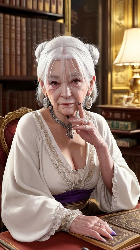 Create a highly detailed, realistic version of an elderly woman inspired by the character Yubaba from the anime movie “Spirited Away.” She should have a large head with prominent facial features, including a sharp, long nose, and a noticeable mole on her forehead. Her eyes should be expressive with a touch of makeup, showcasing purple eyeshadow. She should have elegant, white hair styled in a large bun. The woman should be wearing large, round earrings and multiple rings on her fingers, which are long and slightly crooked. She should be seated at a desk, surrounded by antique books, potion bottles, and a quill pen, under warm, ambient lighting. The background should include rich, ornate curtains to emphasize her opulent surroundings.