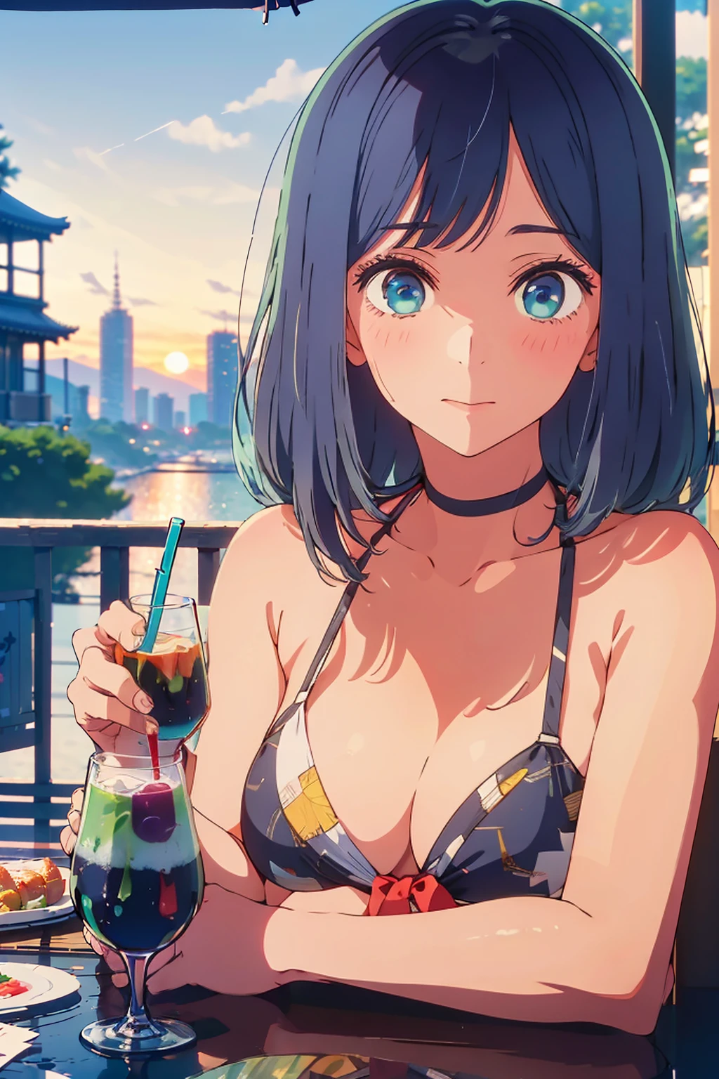 (Highest quality:1.4、masterpiece:1.4、Super detailed:1.4、8K:1.4)、F cup bust、Big Breasts、Slim body、((((1 person、sit、In the background are the urban buildings of Tokyo、looking at the camera、Outdoor café terrace、coastal、Navy hair color、juice、table、Sunset Beach、sunset、Very cute face))))、((((bikini))))、Big eyes、((((Shallow depth of field))))、(evening、Cheek resting on hand、Holding a glass)
