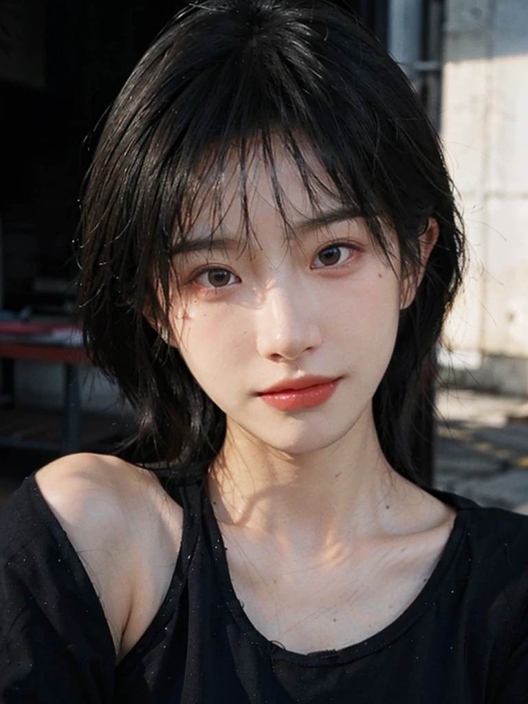 (Skin details:1.4), (smooth skin textures:1.3), (Upper body:1.4),(Upper Body:1.3),(Black clothes:1.4),Lipstick, background, earrings, serene, calm, (Realistic and detailed eyes:1.2), Natural skin texture, Realistic facial details, Soft dramatic lighting, Vivid details, 35 mm film, outdoor, (Photo Practical:1.4), (hyper Practical:1.4), (Practical:1.3), (Smoother lighting:1.05), (Improve lighting quality:0.9), (Highest quality real skin textures:1.4), Exquisite eyes, Delicate face, Close-up of face, (Enhance the beauty of skin texture:1.1),0Normal body proportions, short hair, Moles under the eyes, A faint smile,Portrait Photography, Depth of Field, Bokeh, Surrealism, Ray Tracing, (Portrait Photography:1.1), Surrealism, High Detail, Chiaroscuro, Ray Tracing, reflected light, Ultra HD, Ultra HD, masterpiece, Textured Skin, Super Detail, High Detail, high quality, best quality