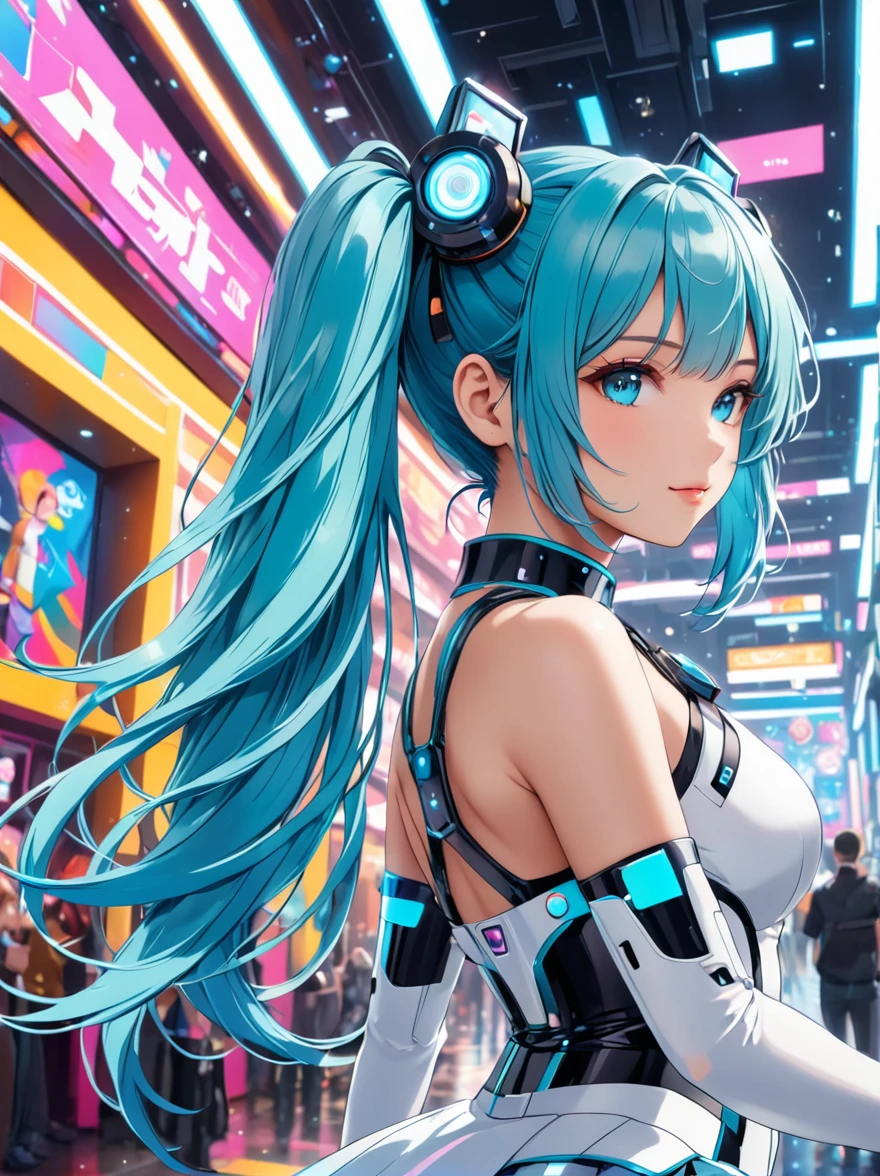 (A young woman with cyan hair in double ponytails:1.5)，She is wearing a futuristic outfit，Consists of an electronic-themed dress，Her headband consists of a square-shaped emblem.，Hanging ribbons。The color palette includes cyan、black and white，The overall tone is colorful and vibrant，((Looking directly at the audience，first-person view, ass pov))