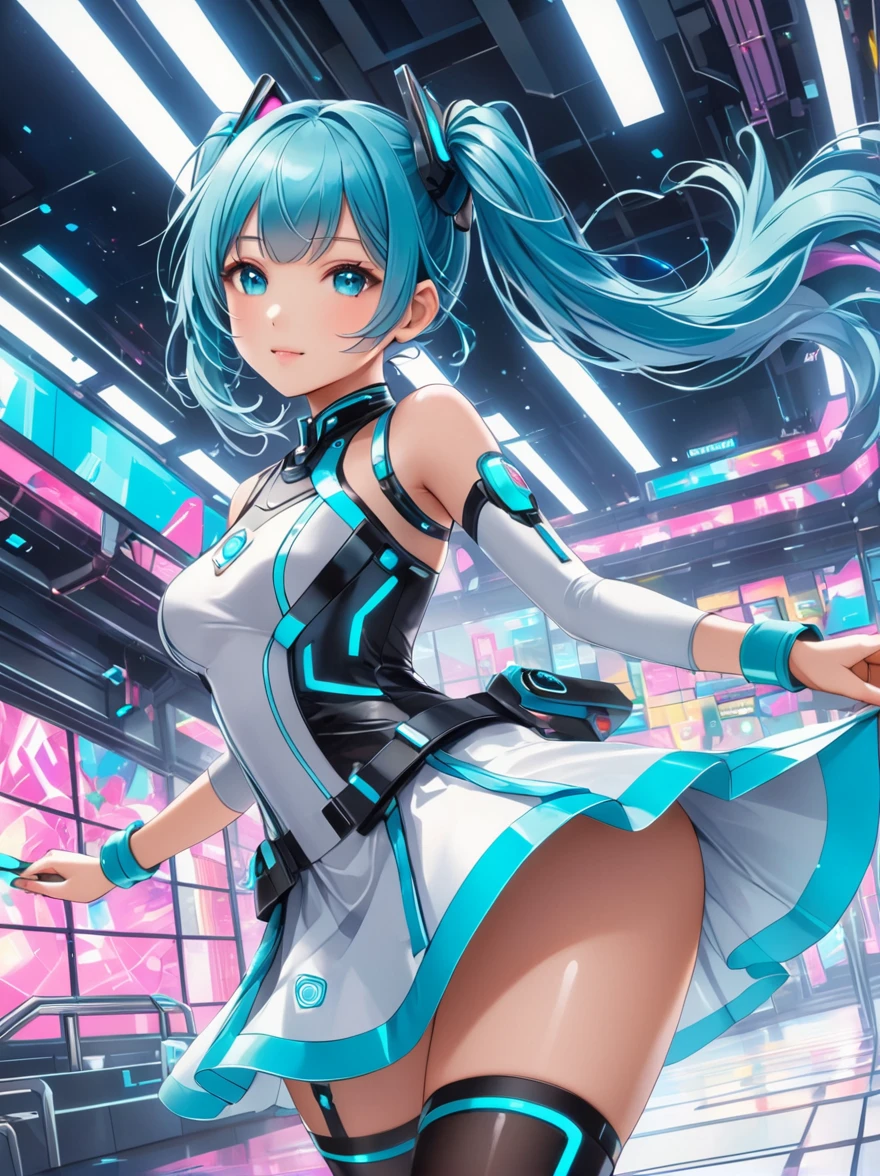 (A young woman with cyan hair in double ponytails:1.5)，She is wearing a futuristic outfit，Consists of an electronic-themed dress，Her headband consists of a square-shaped emblem.，Hanging ribbons。The color palette includes cyan、black and white，The overall tone is colorful and vibrant，((Looking directly at the audience，first-person view, ass pov))