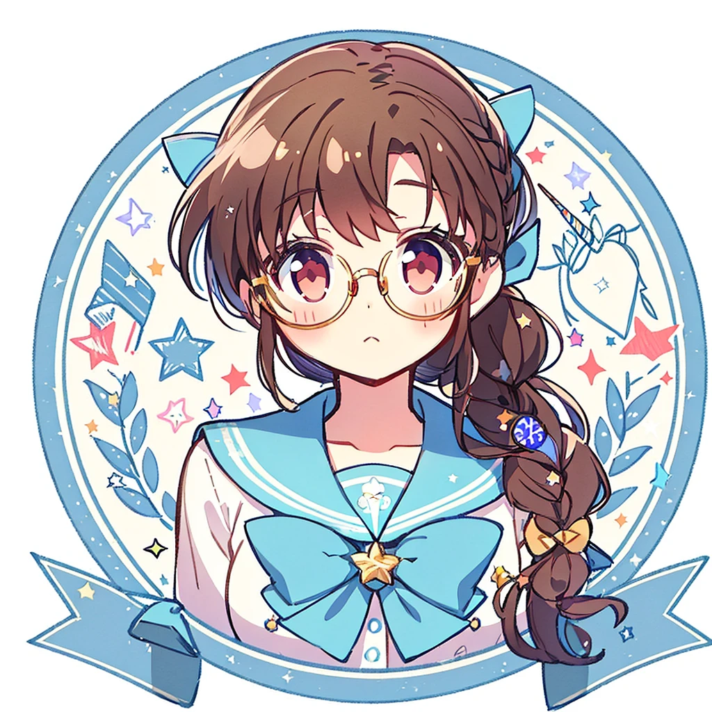 Circular emblem{star、ribbon、unicorn、candy、rainbow}、A girl with a single braided hairstyle{Glasses、Brown Hair、Brown eyes、Light blue sailor suit、Red neckerchief}