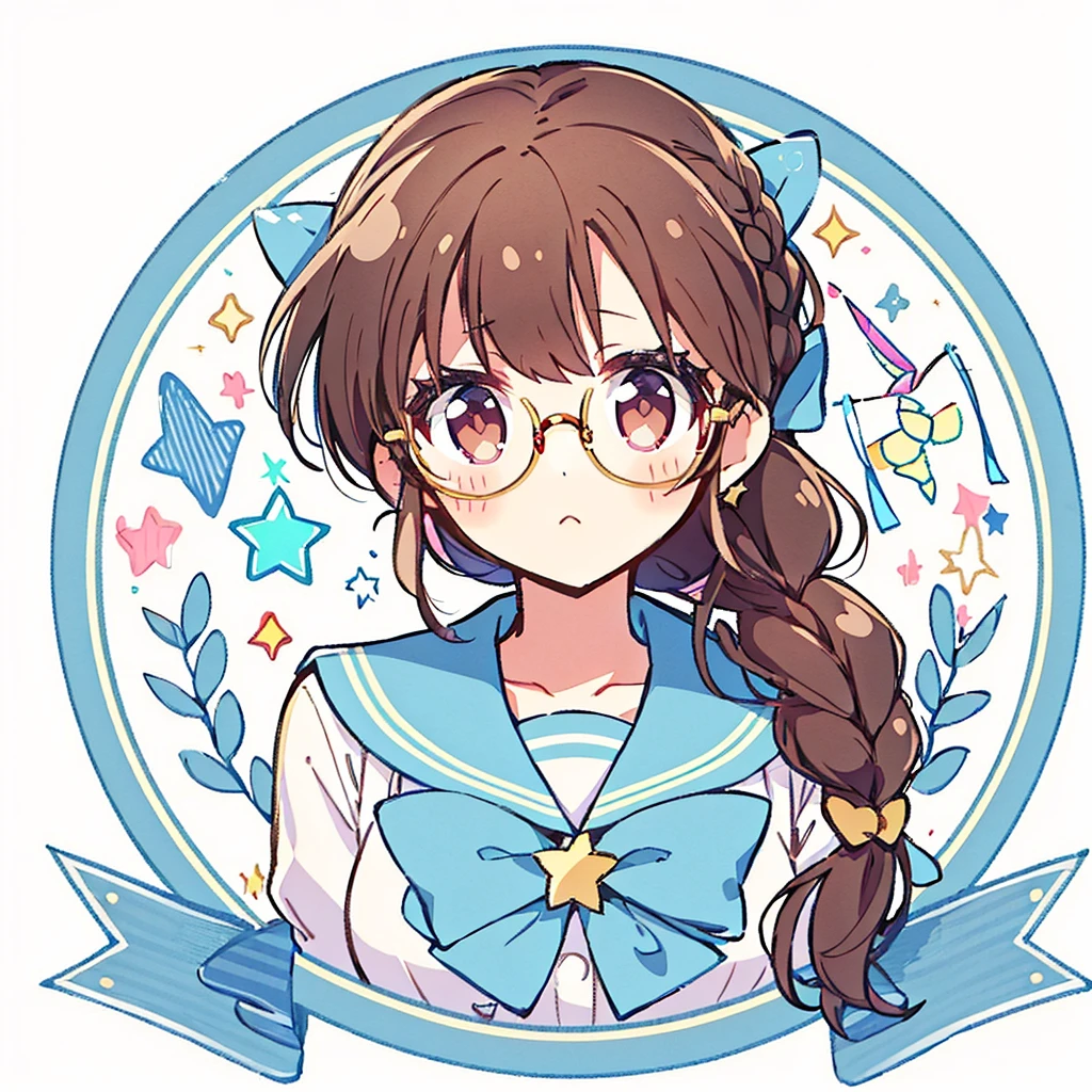 Circular emblem{star、ribbon、unicorn、candy、rainbow}、A girl with a single braided hairstyle{Glasses、Brown Hair、Brown eyes、Light blue sailor suit、Red neckerchief}