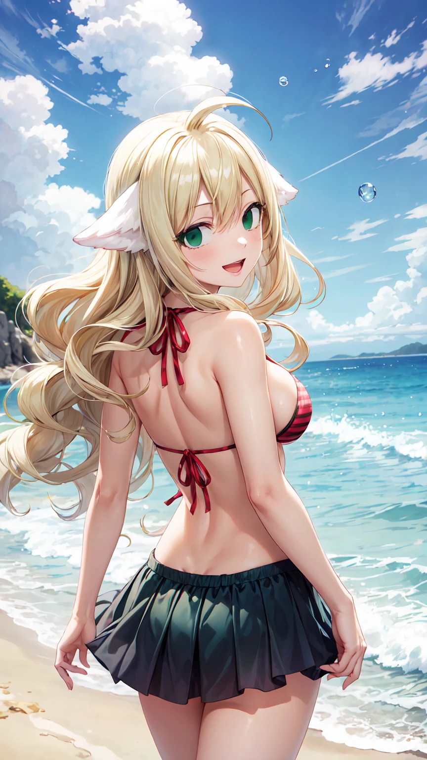 Masterpiece ,best quality , high resolution , (1 girl solo:1.38) , (mavis , long hair, blonde hair, (green eyes:1.5), ahoge, wavy hair, animal ears,) , (:1.2) , (medium breast:1 (wear , bikini , strong wind , big wing , head tilt ) , (cleavage:1.15)breast:1.1) , (face viook at view , back view , from behind , look back , head back , smile , open mouth) , (cowboy_shot , standing ) , (outdoor , in water , droplet , in sea , ocean , beach)