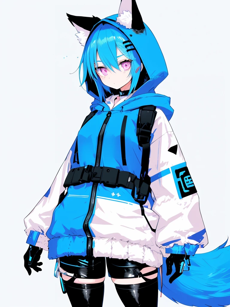 I will create a highly detailed illustration of a young female character with bright blue hair and large fox-like ears.。. She has pink eyes、Wearing a white cropped hoodie and black shorts, Exposed abdomen. The overall style should be clean and minimalist., Bright and pop colors. With high contrast and sharp details、Highlights character traits。. The background should be solid white to focus on the character..